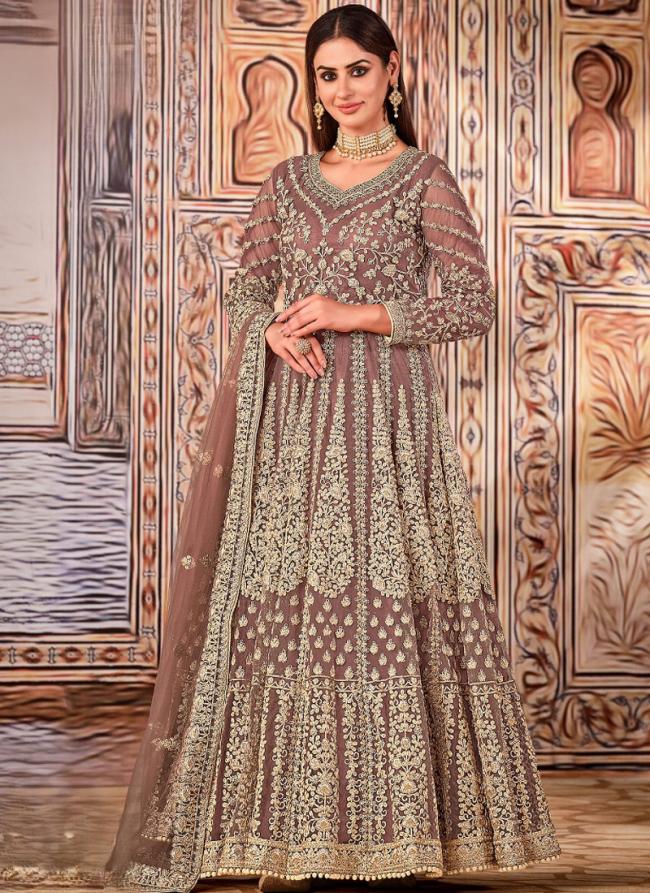 Net Beige Wedding Wear Embroidery Work Anarkali Suit